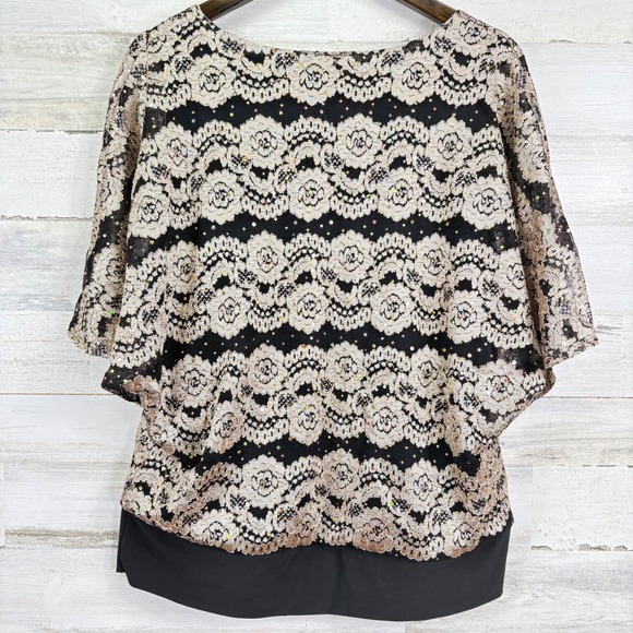 Dressbarn Woman 1X Top Black Gold Lace Sequined‎ Flutter Sleeve Party Blouse - Picture 2 of 13